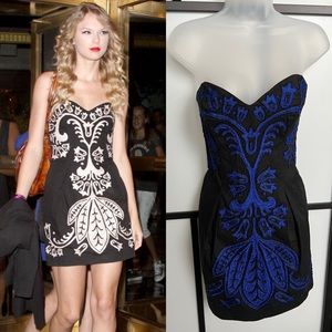 Strapless Black Dress with Blue Embroidered Detail